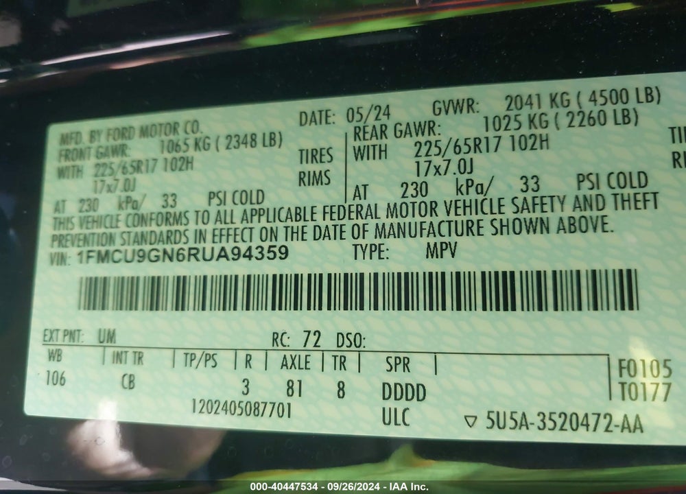 2024 FORD ESCAPE ACTIVE VIN: 1FMCU9GN6RUA94359