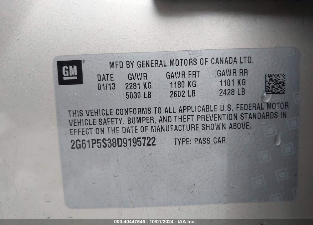 2013 CADILLAC XTS VIN: 2G61P5S38D9195722