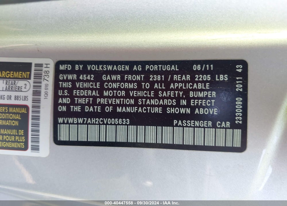 2012 VOLKSWAGEN EOS KOMFORT VIN: WVWBW7AH2CV005633