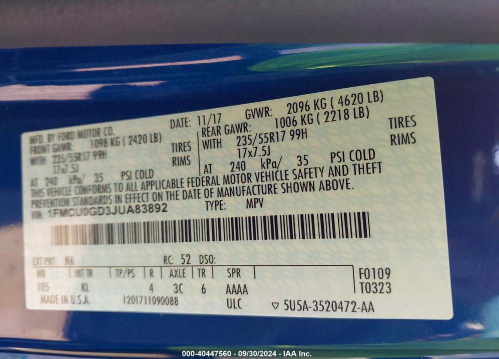 2018 FORD ESCAPE SE VIN: 1FMCU0GD3JUA83892
