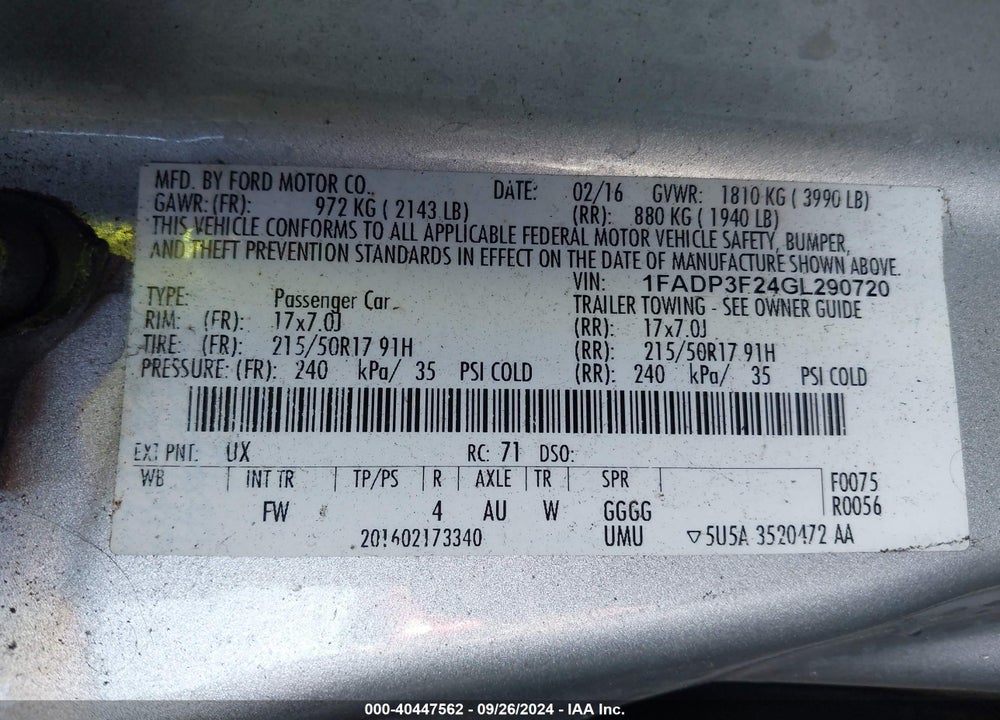 2016 FORD FOCUS SE VIN: 1FADP3F24GL290720