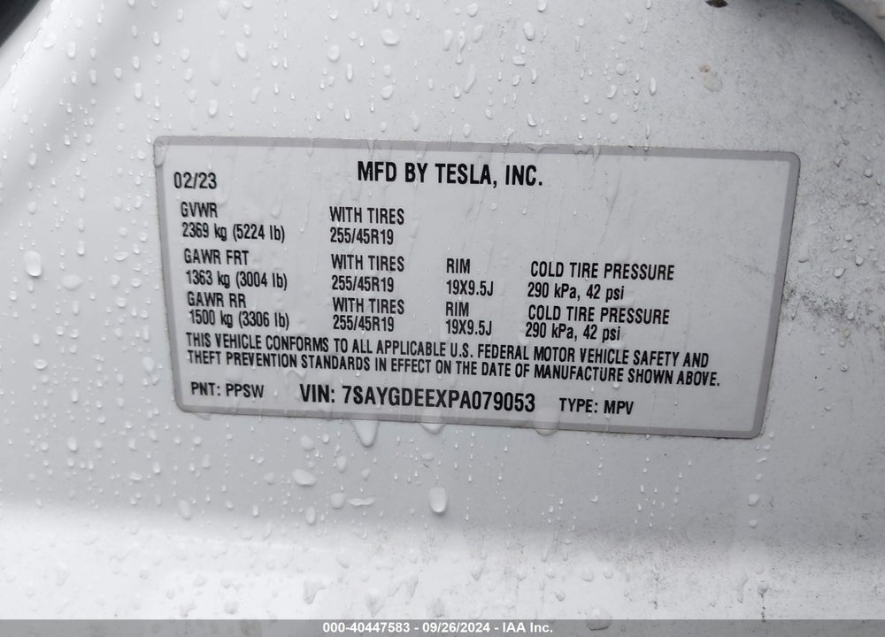 2023 TESLA MODEL Y AWD/LONG RANGE DUAL MOTOR ALL-WHEEL DRIVE VIN: 7SAYGDEEXPA079053