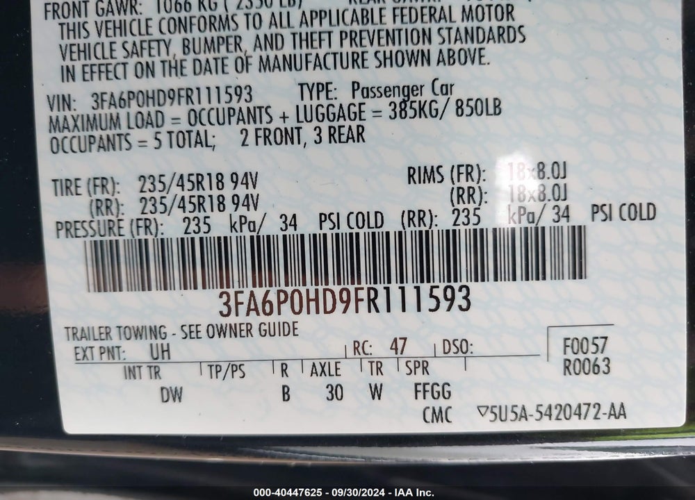 2015 FORD FUSION SE VIN: 3FA6P0HD9FR111593