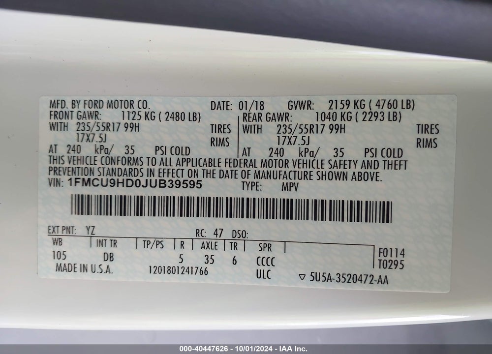2018 FORD ESCAPE SEL VIN: 1FMCU9HD0JUB39595