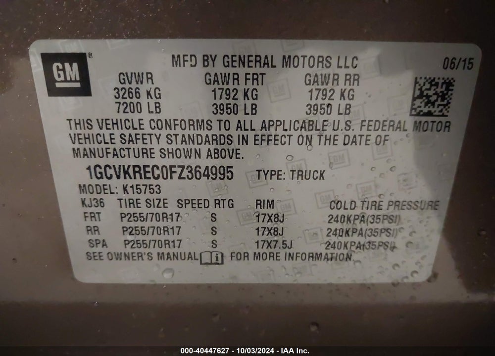 2015 CHEVROLET SILVERADO 1500 1LT VIN: 1GCVKREC0FZ364995