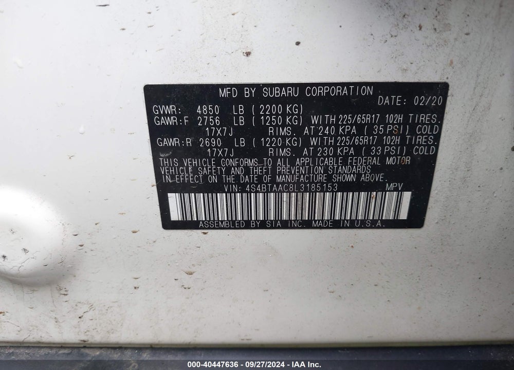 2020 SUBARU OUTBACK VIN: 4S4BTAAC8L3185153