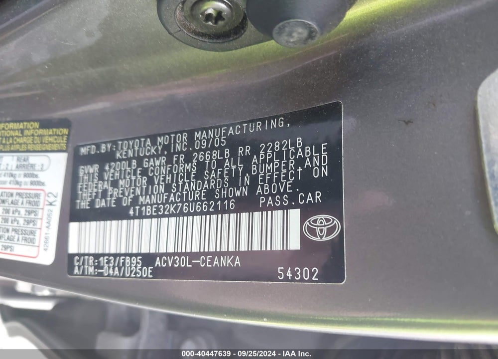 2006 TOYOTA CAMRY LE VIN: 4T1BE32K76U662116