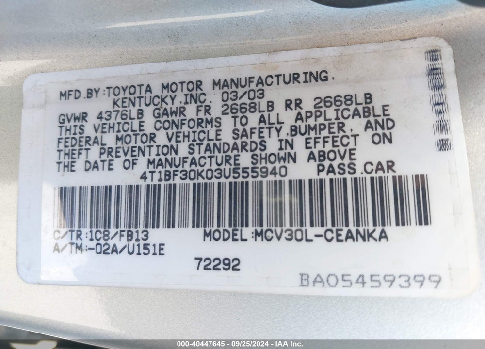 2003 TOYOTA CAMRY LE VIN: 4T1BF30K03U555940