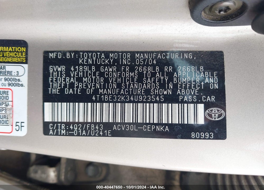 2004 TOYOTA CAMRY LE VIN: 4T1BE32K34U923545