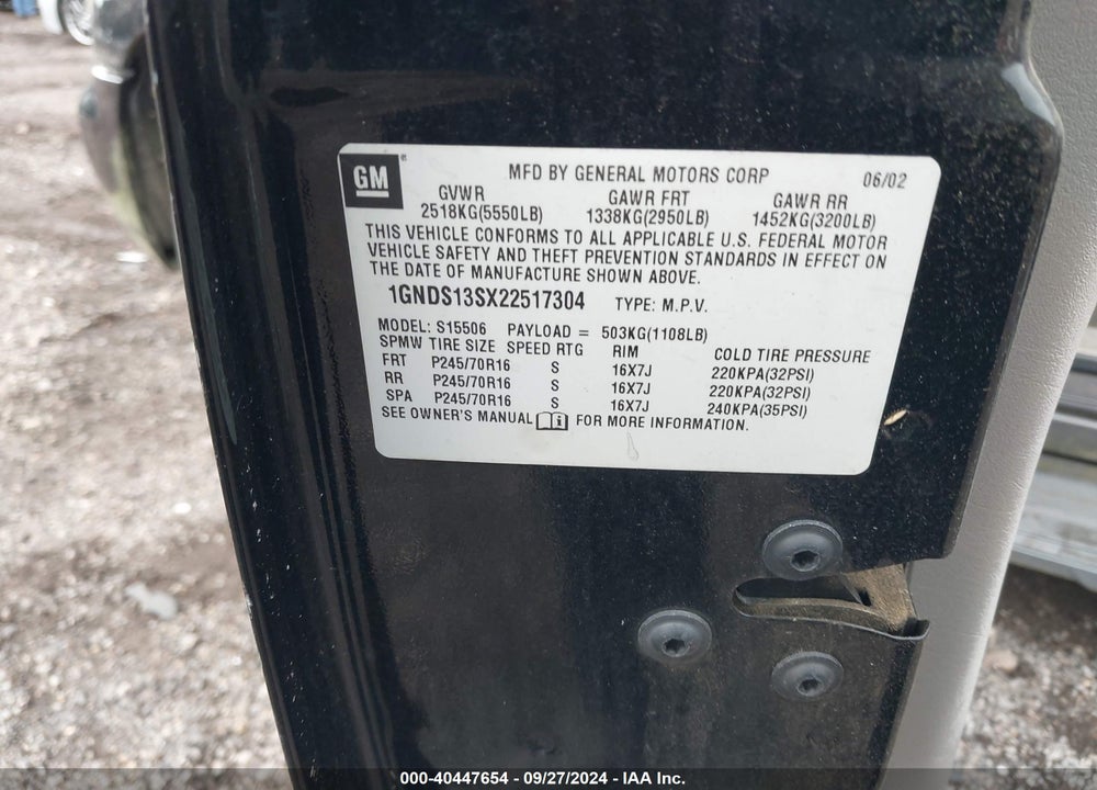 2002 CHEVROLET TRAILBLAZER LS VIN: 1GNDS13SX22517304