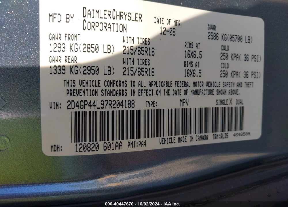 2007 DODGE GRAND CARAVAN SXT VIN: 2D4GP44L97R204188