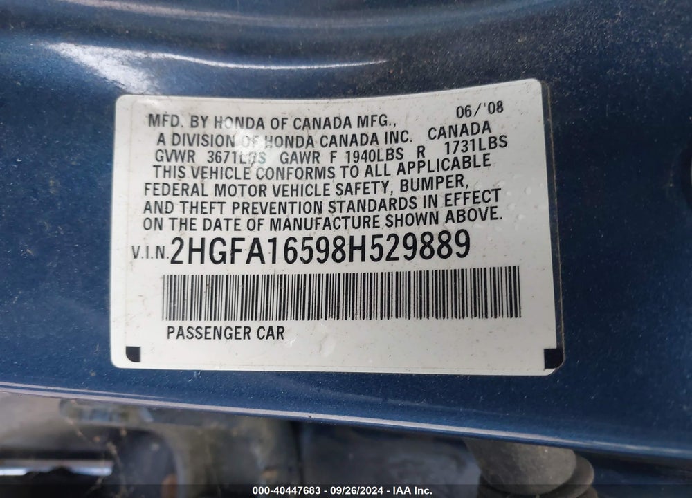 2008 HONDA CIVIC LX VIN: 2HGFA16598H529889