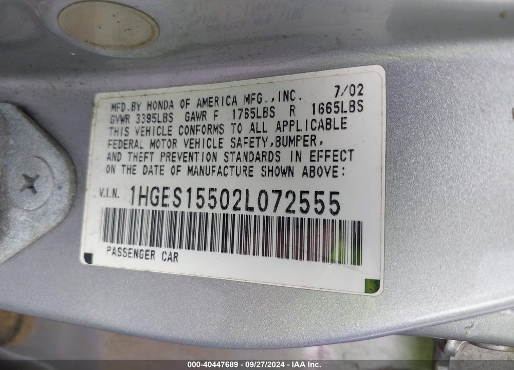 2002 HONDA CIVIC LX VIN: 1HGES15502L072555