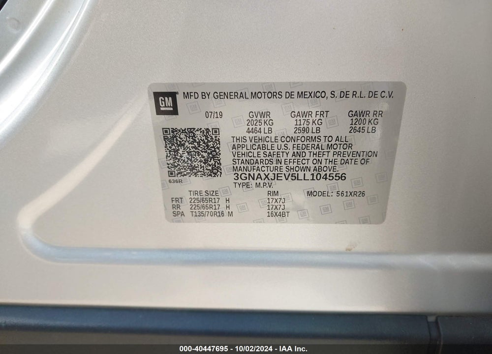 2020 CHEVROLET EQUINOX FWD 2FL VIN: 3GNAXJEV5LL104556