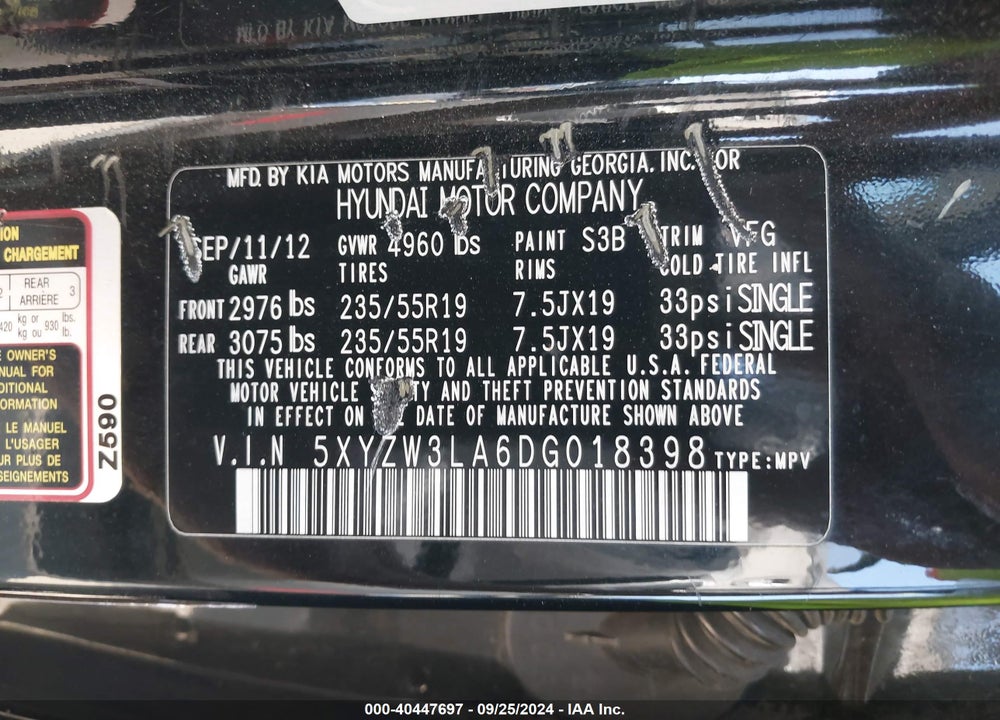 2013 HYUNDAI SANTA FE SPORT 2.0T VIN: 5XYZW3LA6DG018398