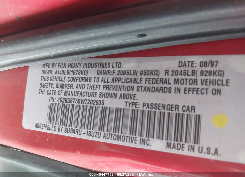 1998 SUBARU LEGACY GT/GT LIMITED VIN: 4S3BD6750W7202905
