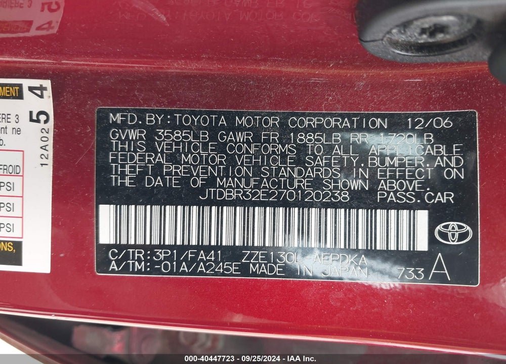 2007 TOYOTA COROLLA CE VIN: JTDBR32E270120238