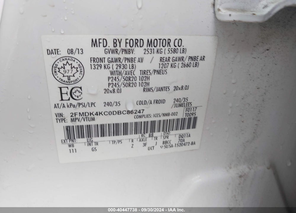 2013 FORD EDGE LIMITED VIN: 2FMDK4KC0DBC86247