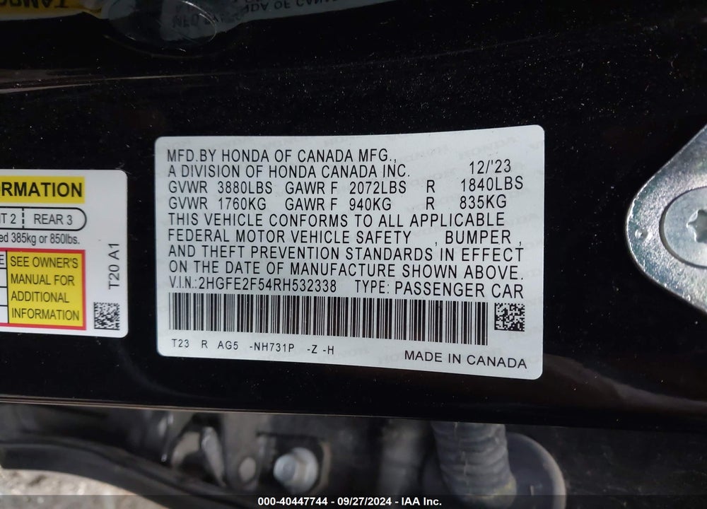 2024 HONDA CIVIC SPORT VIN: 2HGFE2F54RH532338