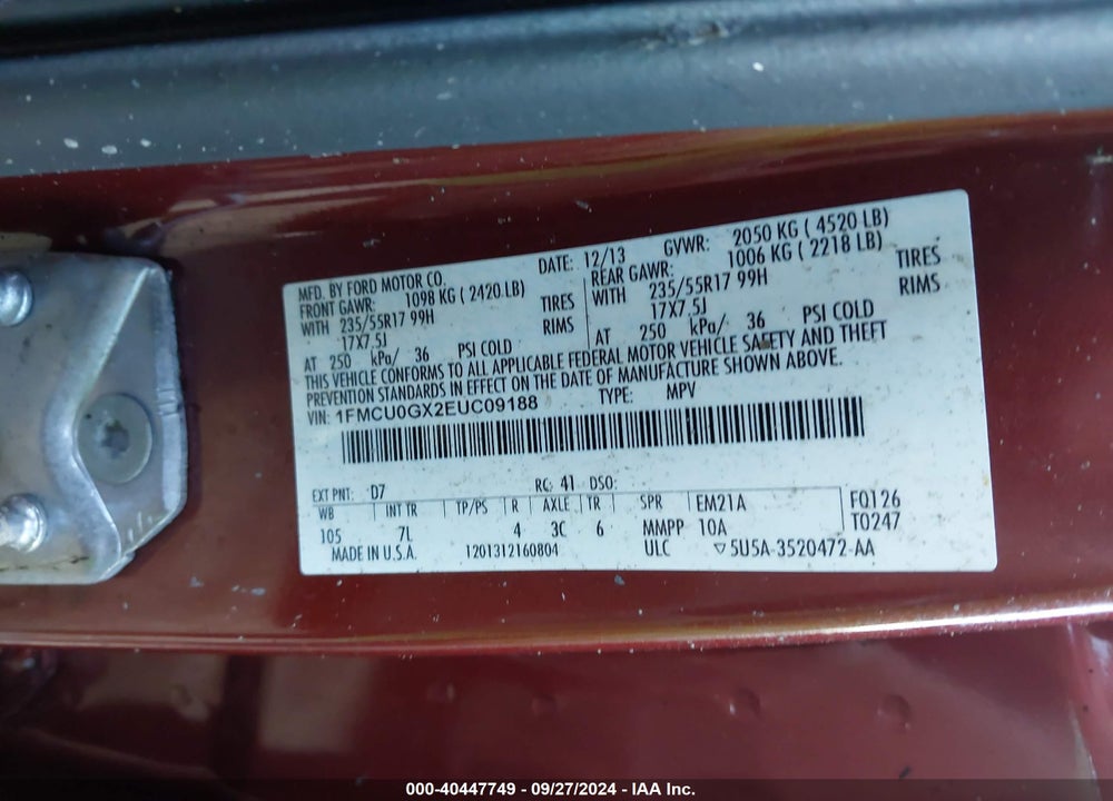 2014 FORD ESCAPE SE VIN: 1FMCU0GX2EUC09188