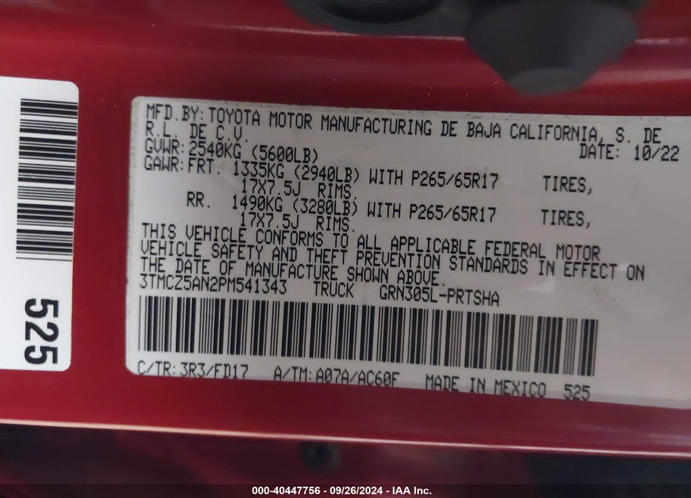 2023 TOYOTA TACOMA TRD SPORT VIN: 3TMCZ5AN2PM541343