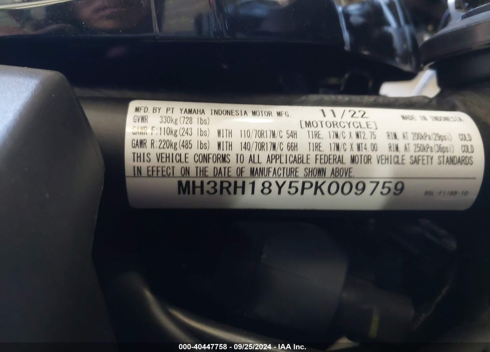 2023 YAMAHA YZFR3 A VIN: MH3RH18Y5PK009759