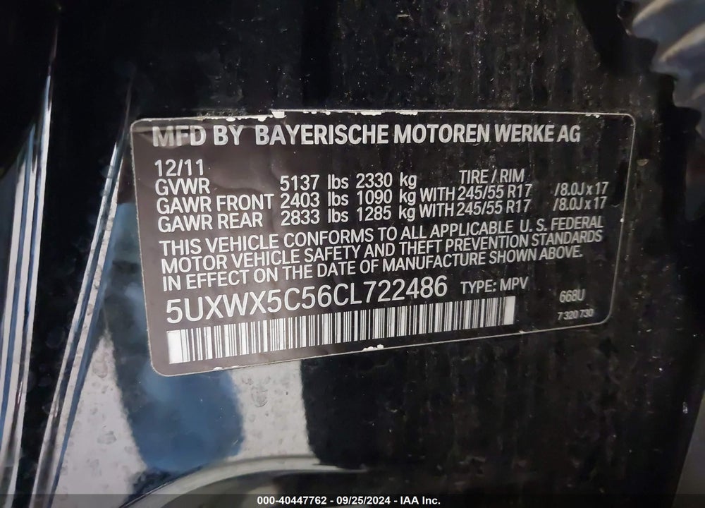 2012 BMW X3 XDRIVE28I VIN: 5UXWX5C56CL722486