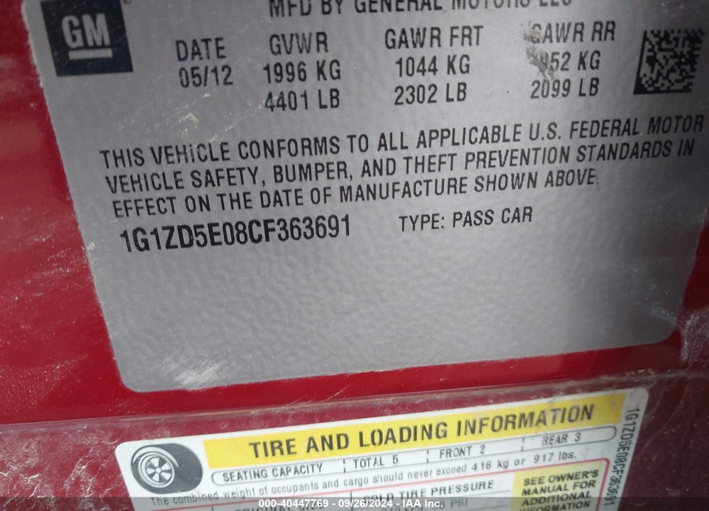 2012 CHEVROLET MALIBU 2LT VIN: 1G1ZD5E08CF363691