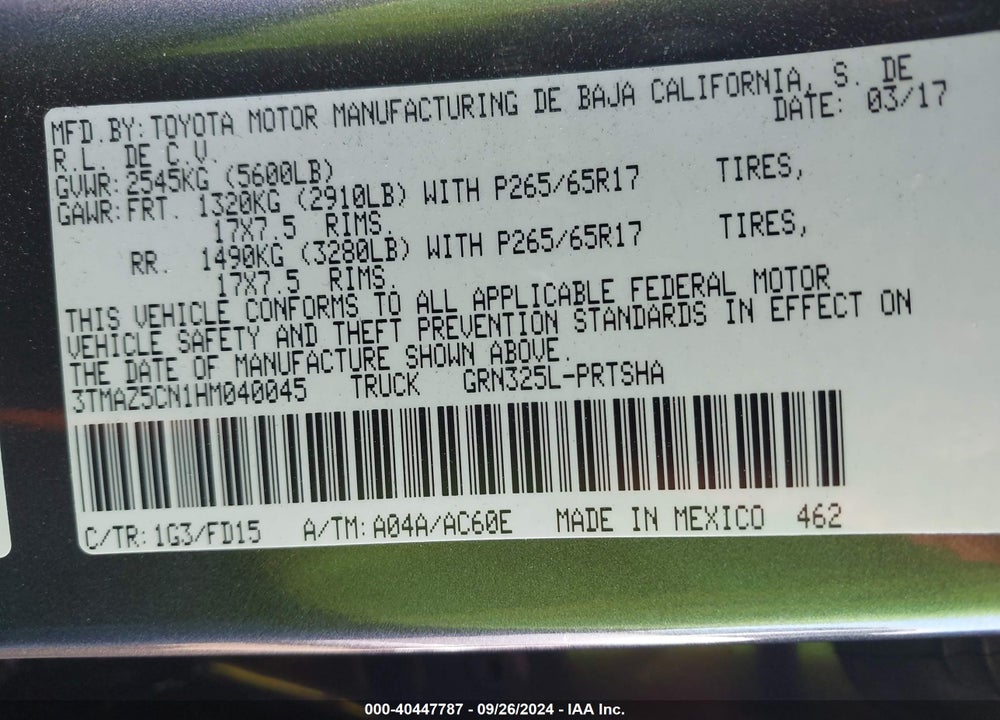 2017 TOYOTA TACOMA TRD SPORT VIN: 3TMAZ5CN1HM040045