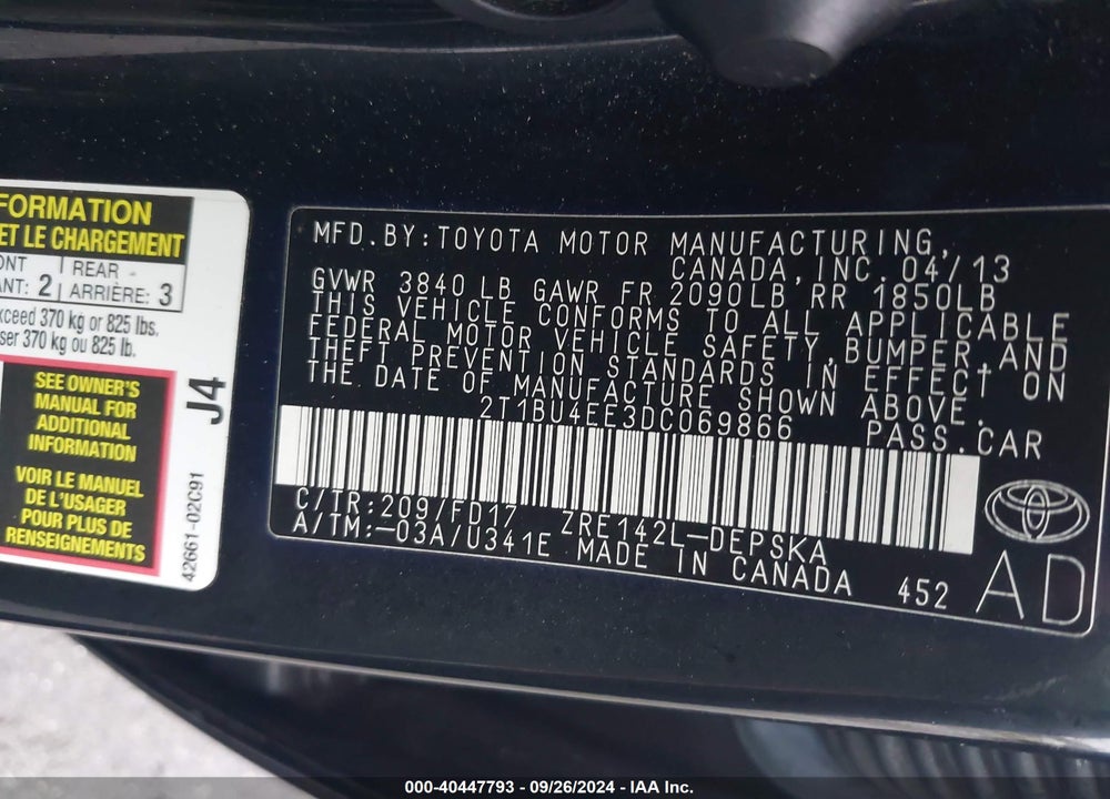 2013 TOYOTA COROLLA S VIN: 2T1BU4EE3DC069866