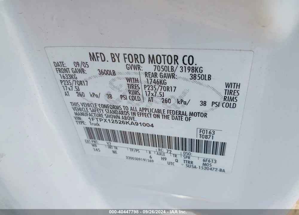 2006 FORD F-150 LARIAT/XL/XLT VIN: 1FTPX12526KA91004