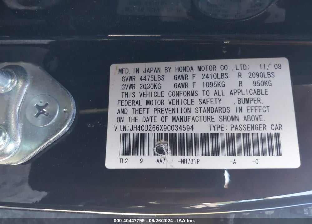 2009 ACURA TSX VIN: JH4CU266X9C034594