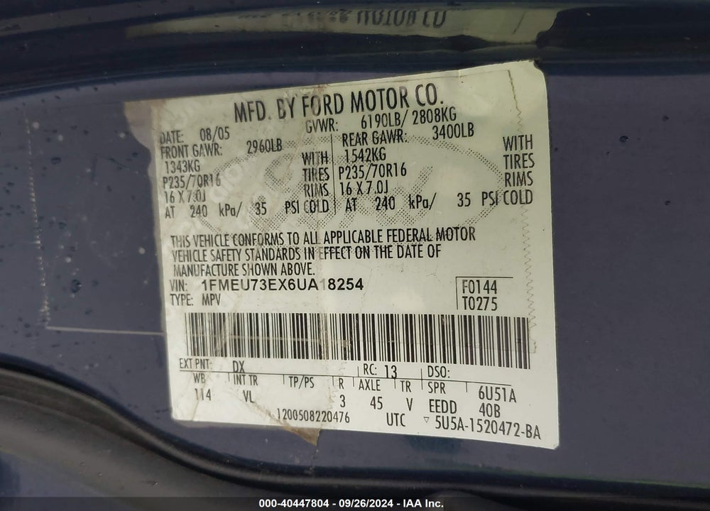 2006 FORD EXPLORER XLT VIN: 1FMEU73EX6UA18254