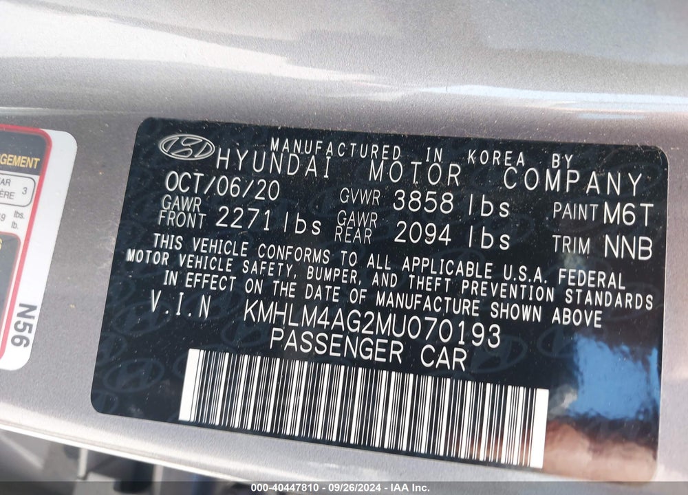 2021 HYUNDAI ELANTRA SEL VIN: KMHLM4AG2MU070193