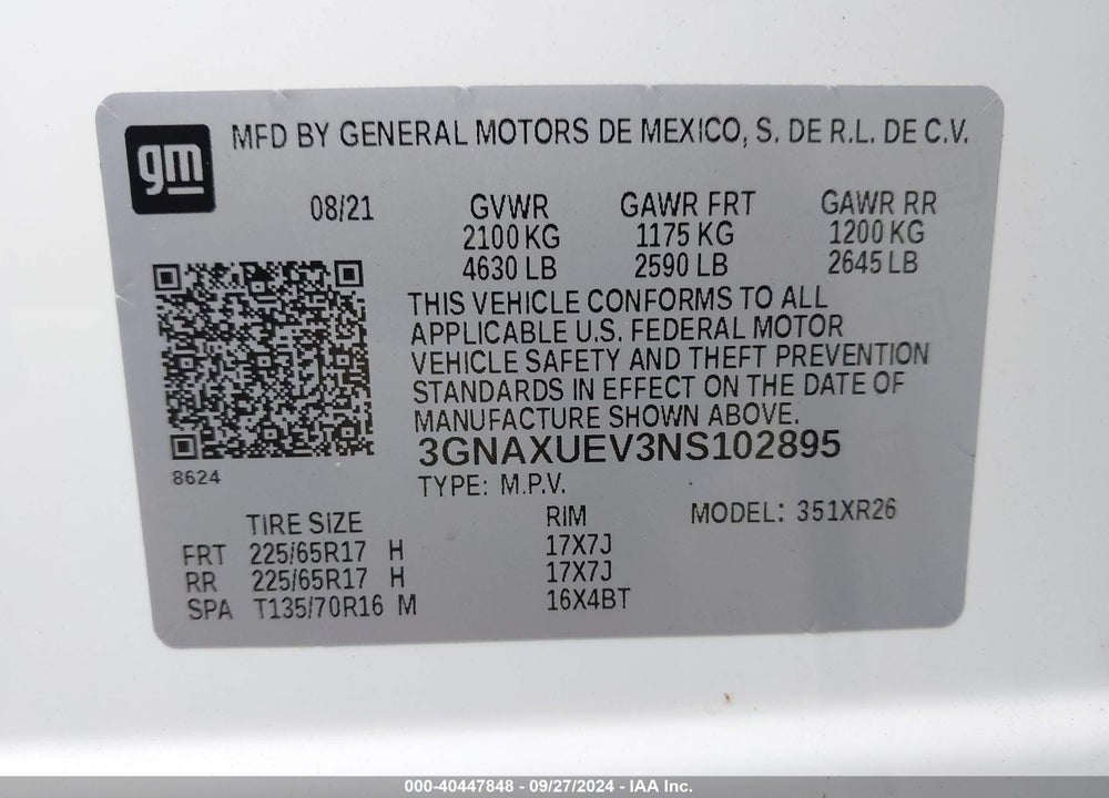 2022 CHEVROLET EQUINOX AWD LT VIN: 3GNAXUEV3NS102895
