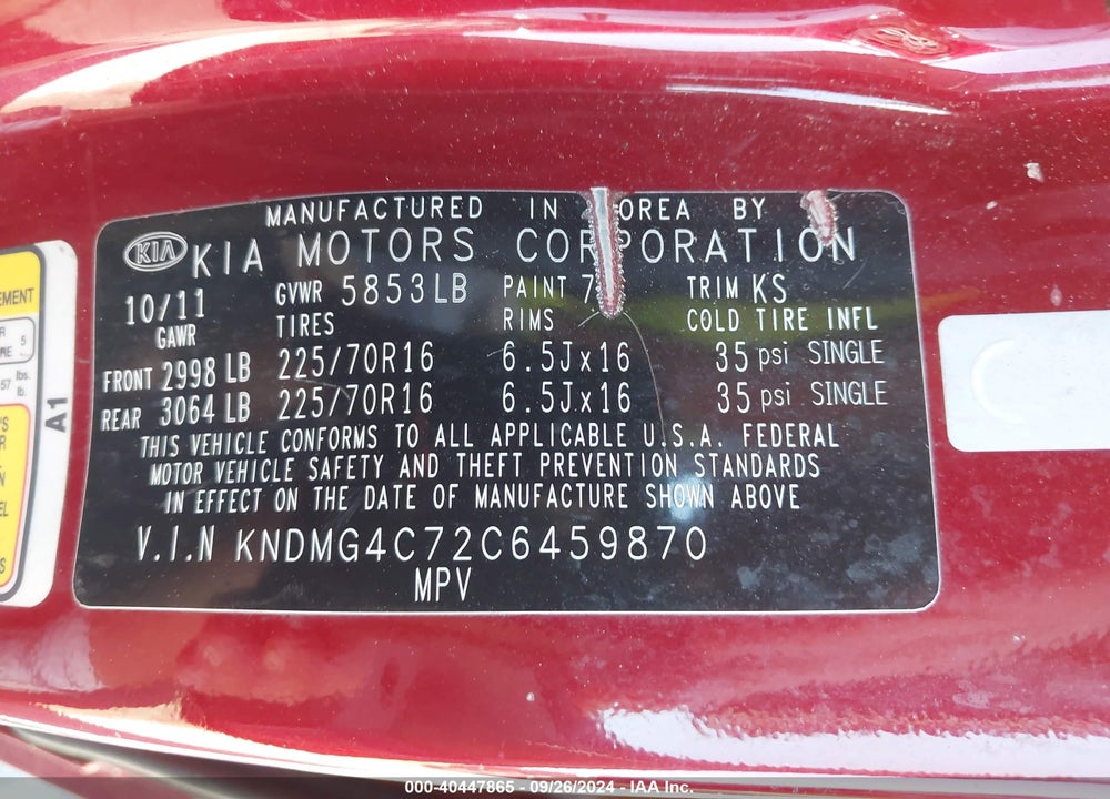 2012 KIA SEDONA LX VIN: KNDMG4C72C6459870