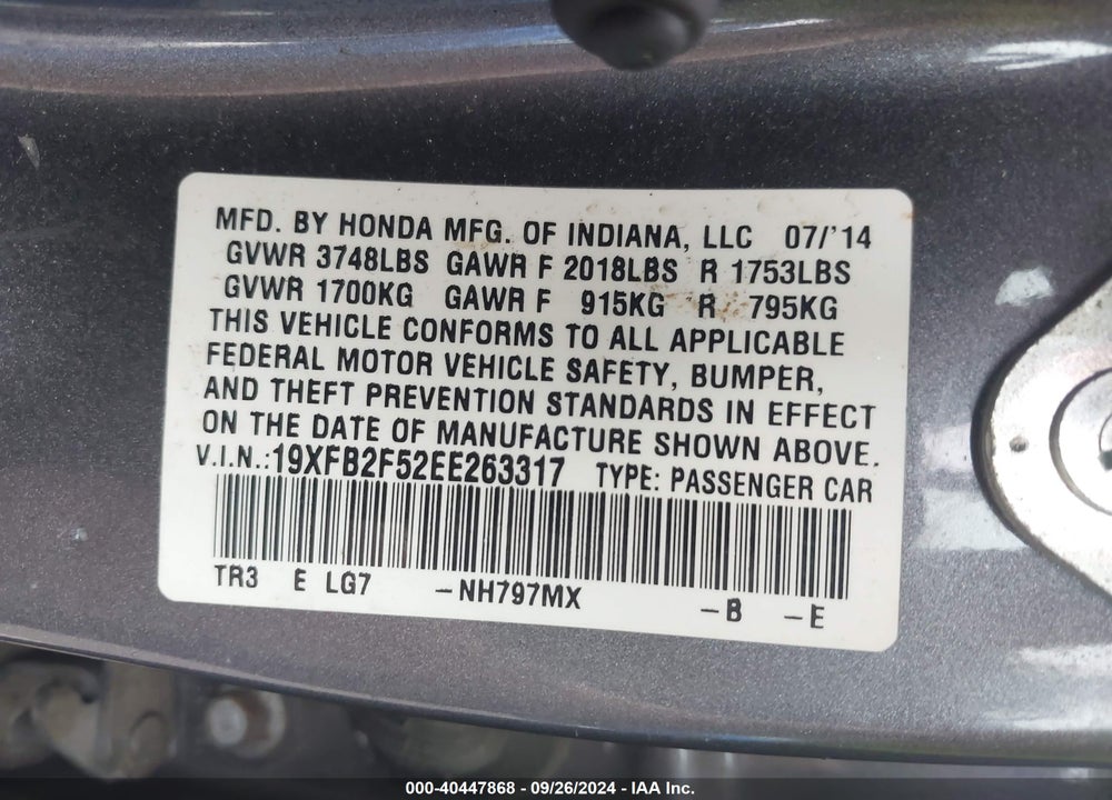 2014 HONDA CIVIC LX VIN: 19XFB2F52EE263317