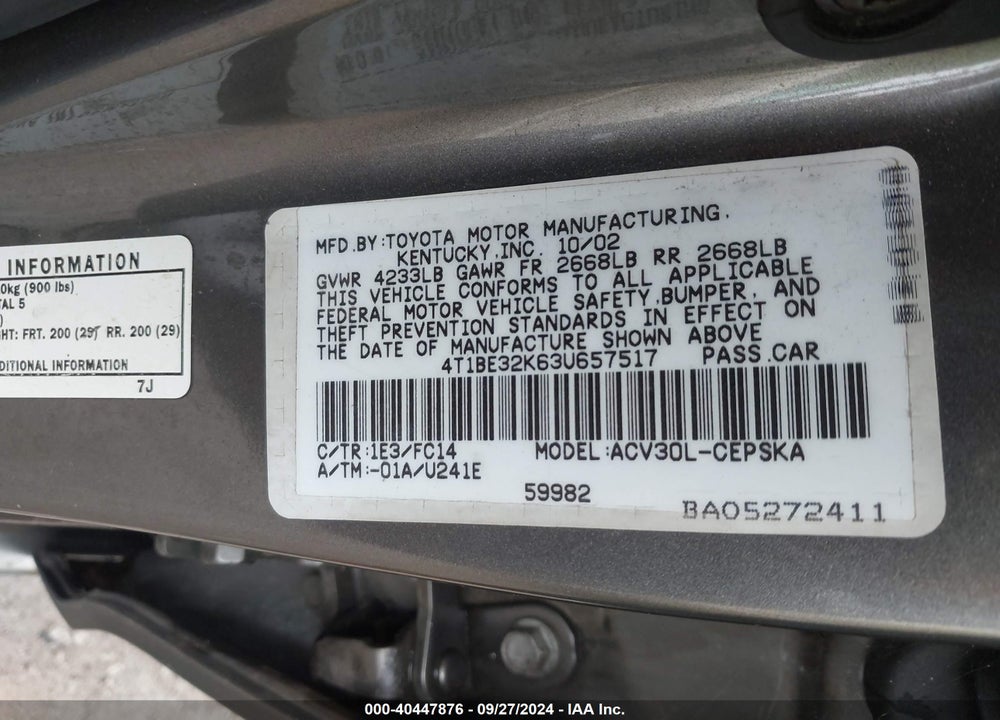 2003 TOYOTA CAMRY SE VIN: 4T1BE32K63U657517