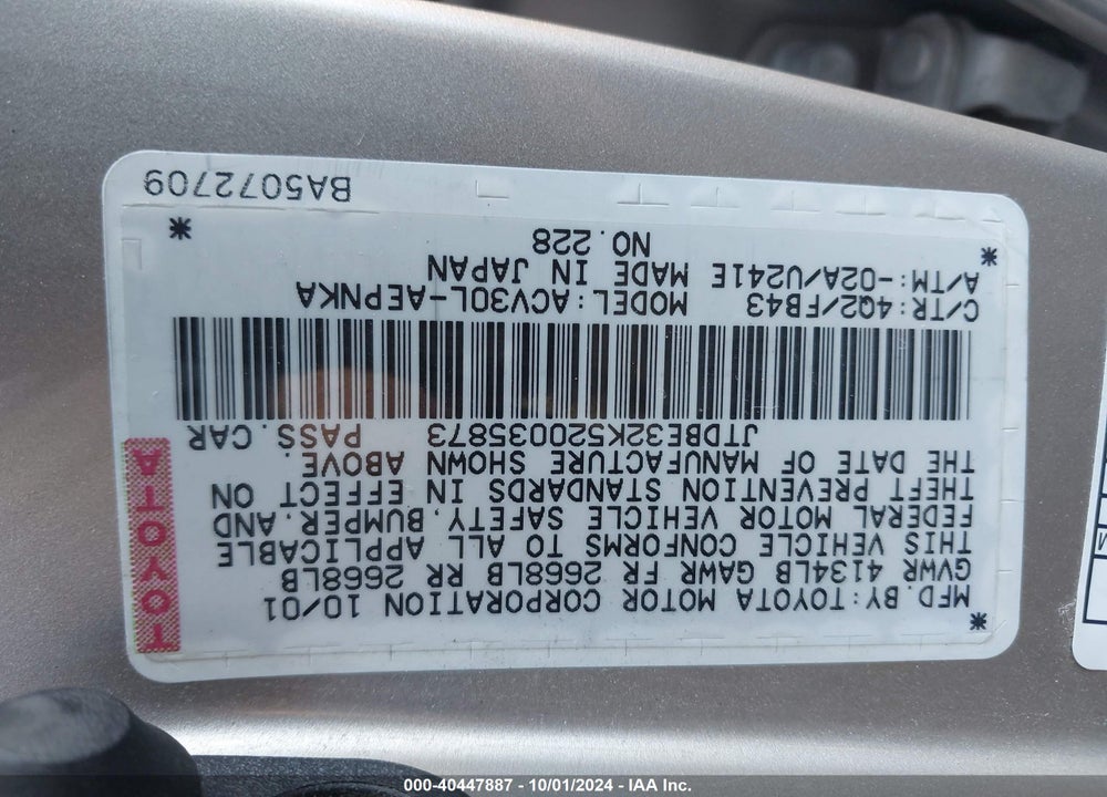 2002 TOYOTA CAMRY LE VIN: JTDBE32K520035873