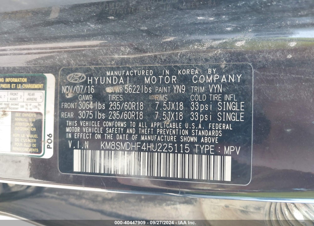 2017 HYUNDAI SANTA FE SE VIN: KM8SMDHF4HU225115
