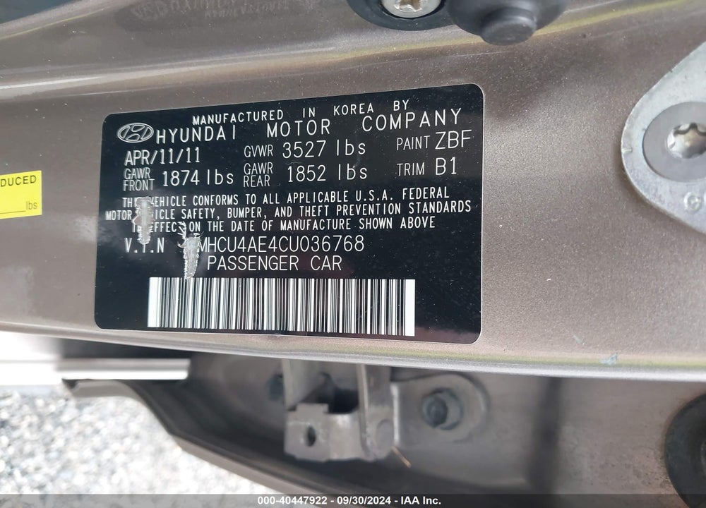 2012 HYUNDAI ACCENT VIN: KMHCU4AE4CU036768