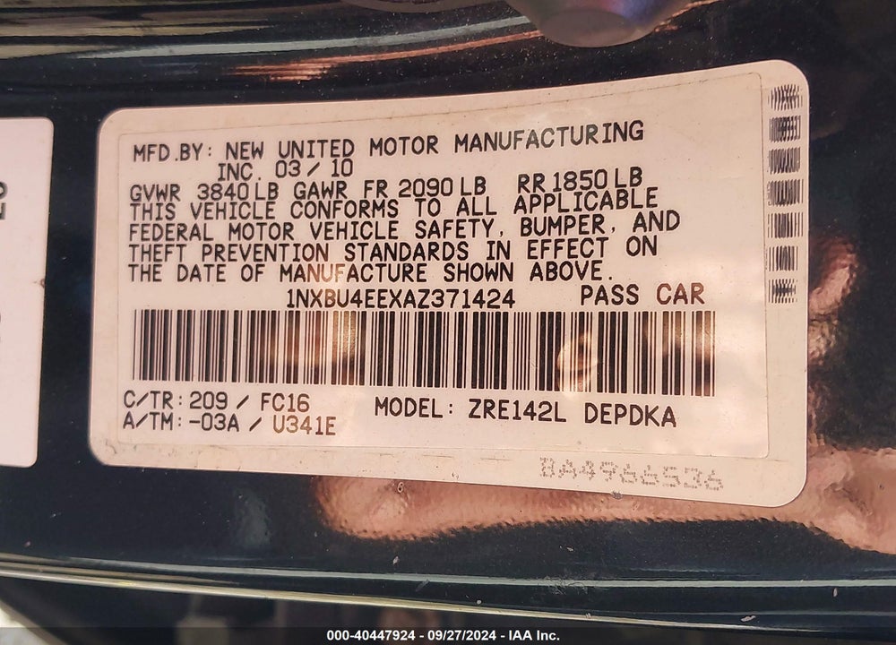 2010 TOYOTA COROLLA LE VIN: 1NXBU4EEXAZ371424