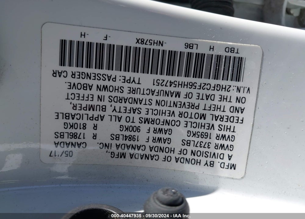 2017 HONDA CIVIC LX VIN: 2HGFC2F56HH547251
