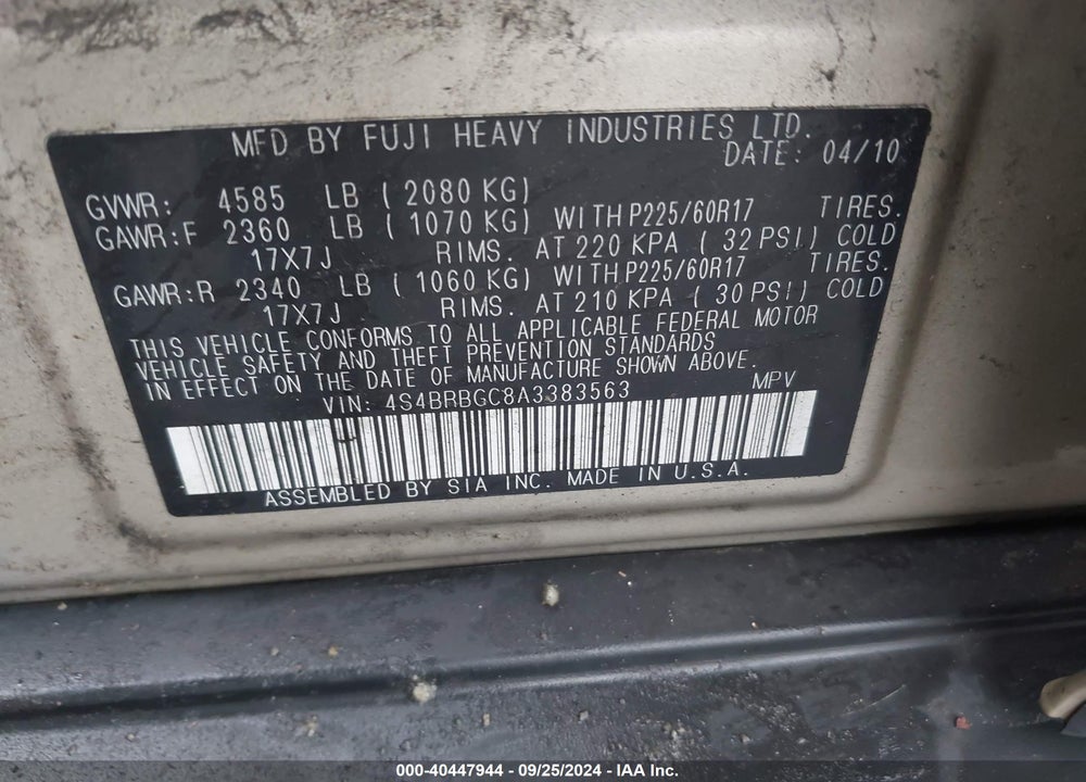 2010 SUBARU OUTBACK 2.5I PREMIUM VIN: 4S4BRBGC8A3383563