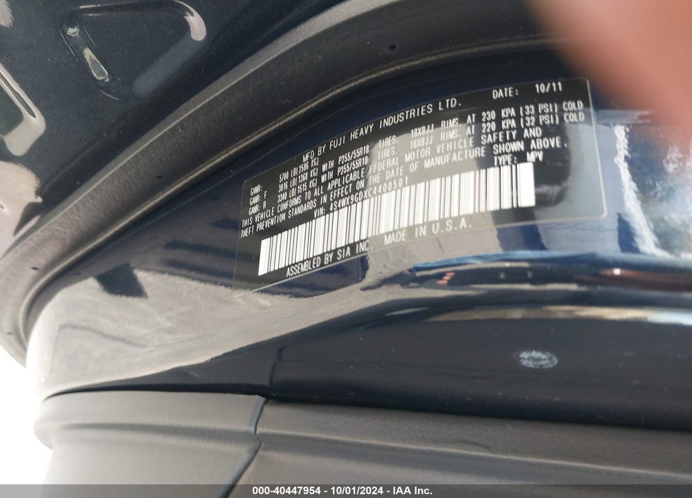 2012 SUBARU TRIBECA 3.6R LIMITED VIN: 4S4WX9GDXC4400501