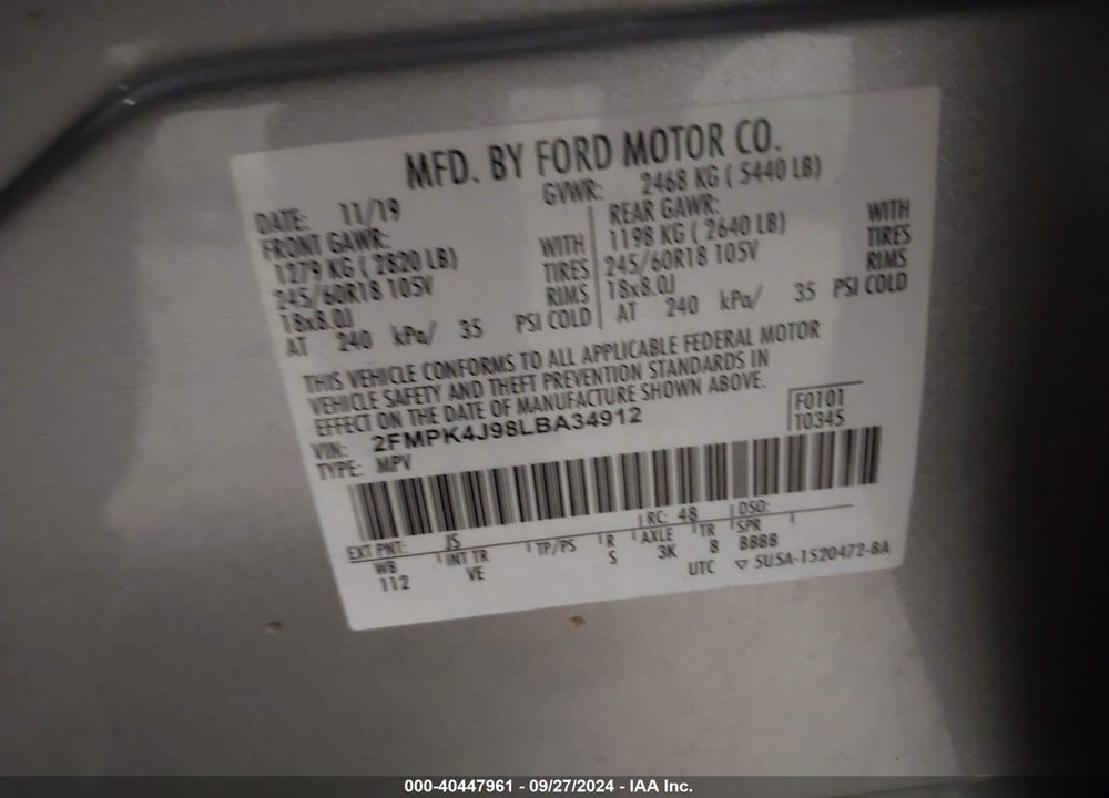 2020 FORD EDGE VIN: 2FMPK4J98LBA34912