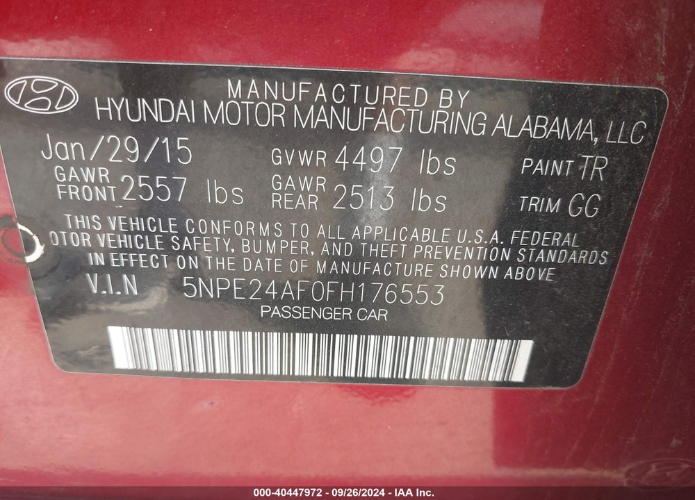 2015 HYUNDAI SONATA SE VIN: 5NPE24AF0FH176553