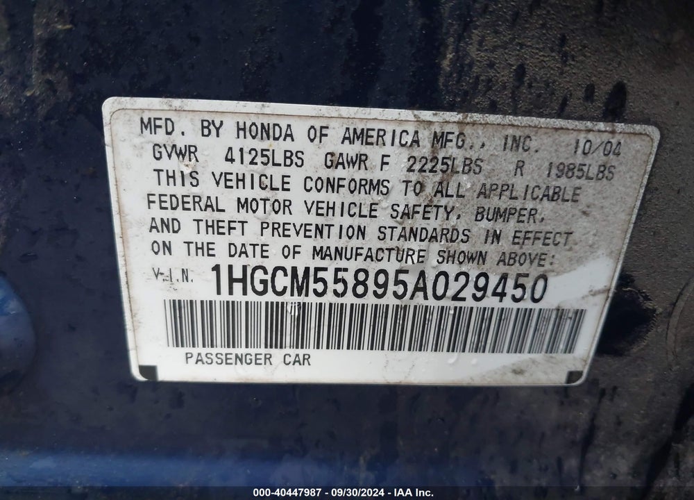 2005 HONDA ACCORD 2.4 EX VIN: 1HGCM55895A029450