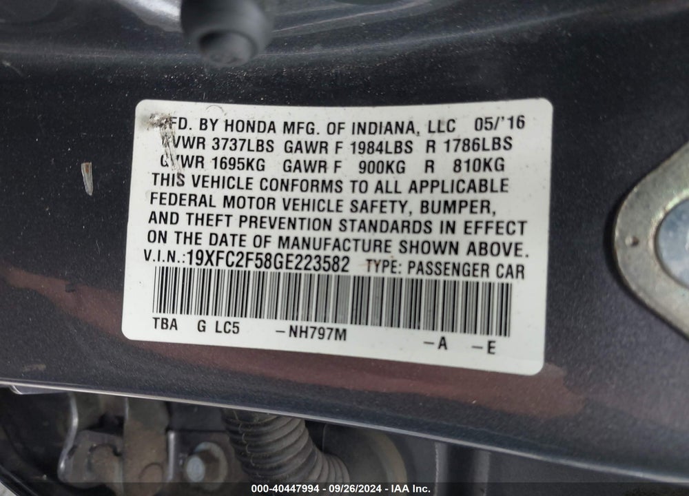 2016 HONDA CIVIC LX VIN: 19XFC2F58GE223582