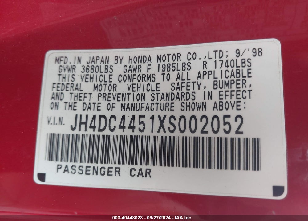 1999 ACURA INTEGRA LS VIN: JH4DC4451XS002052